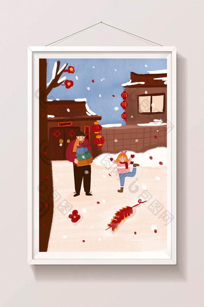 红色喜庆中国风新年快乐父女插画