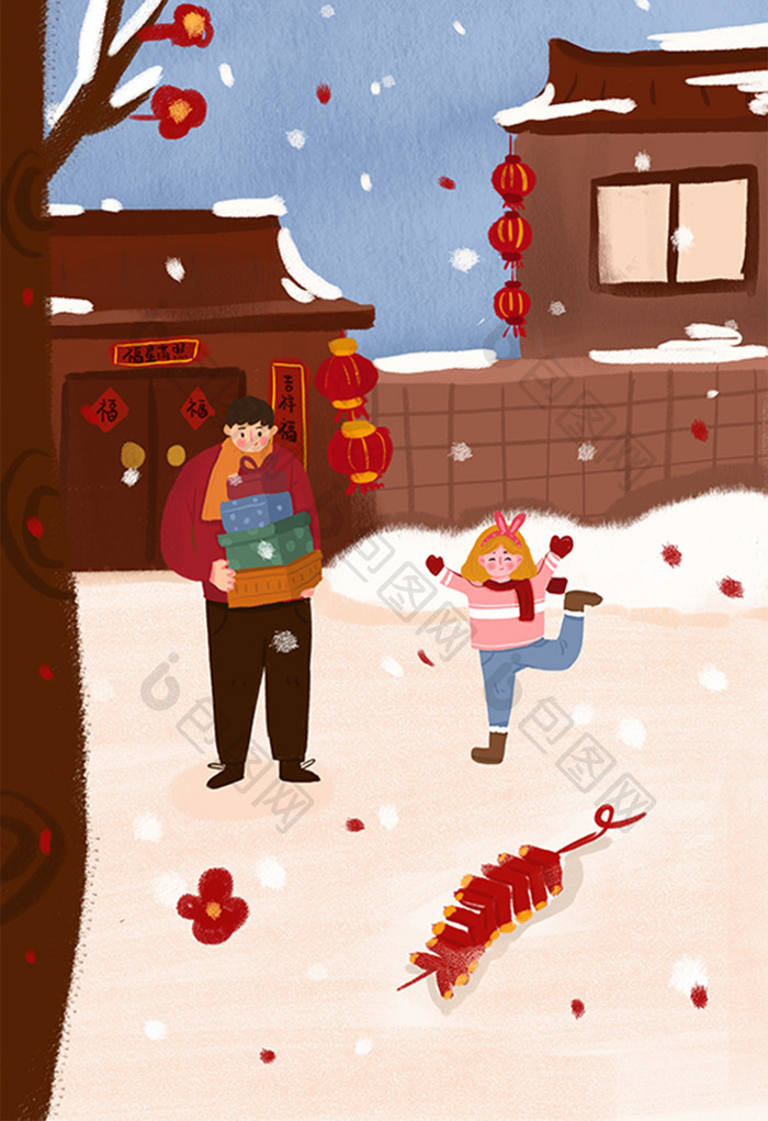 红色喜庆中国风新年快乐父女插画