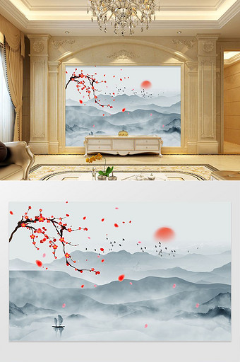 清新淡雅新中式意境山水背景墙图片