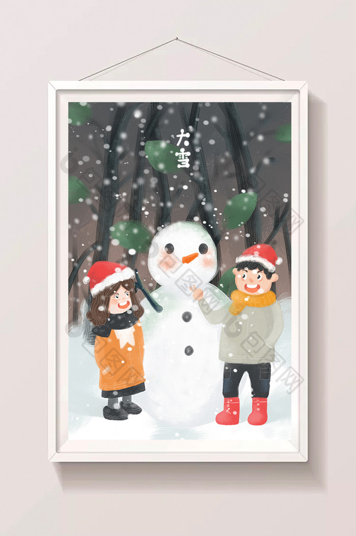 2018大雪下雪雪天雪人堆雪人插画