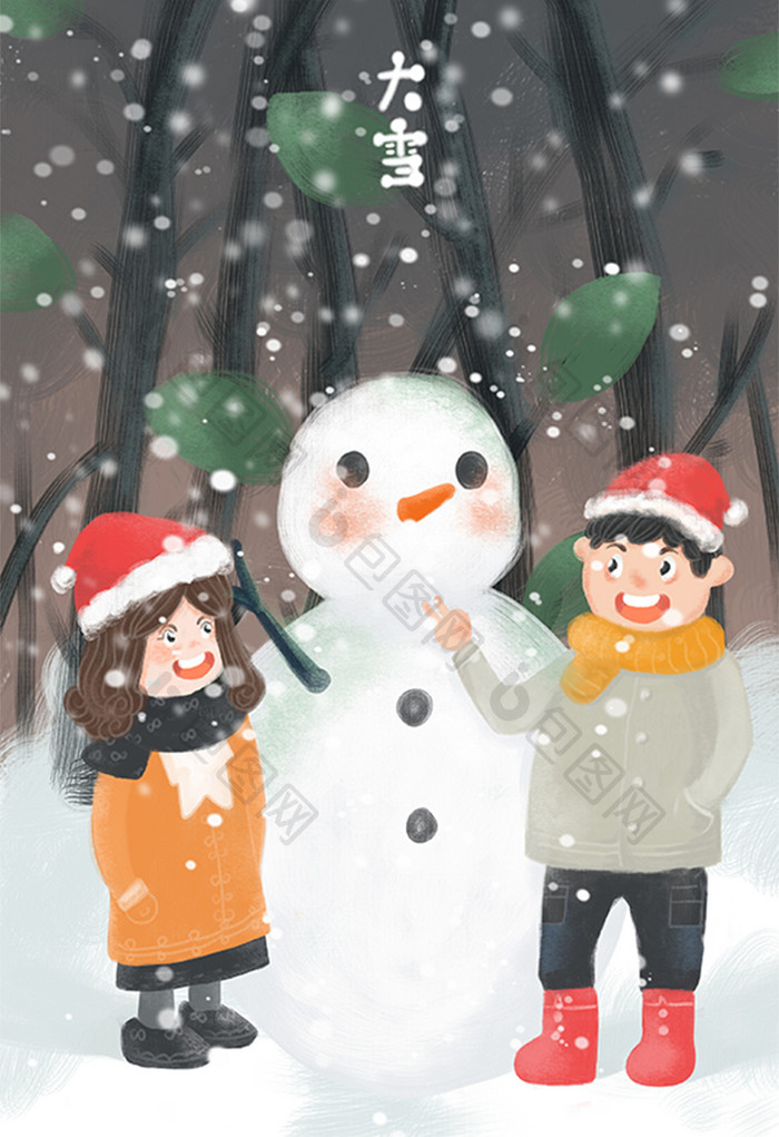 2018大雪下雪雪天雪人堆雪人插画