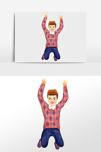 水彩手绘男生高兴跳跃跳起来插画人物素材图片
