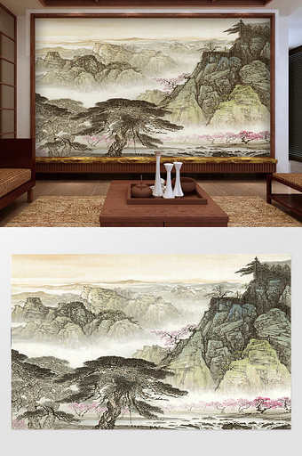 新中式山水国画风景抽象印象背景墙图片