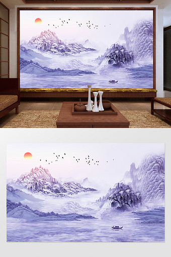 水墨山水中国风意境风景电视背景墙图片
