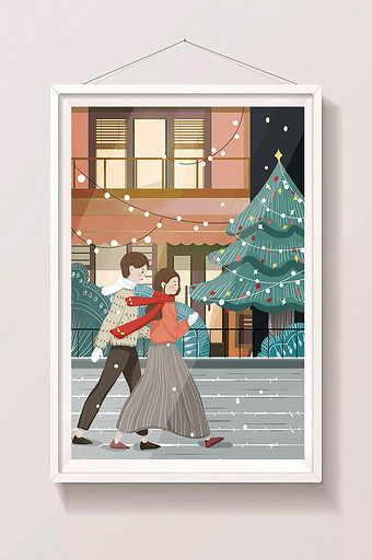 冬日街道圣诞节圣诞树情侣插画图片