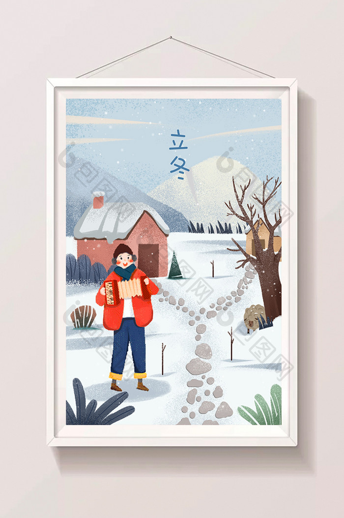 小清新立冬节气雪地弹吉他插画