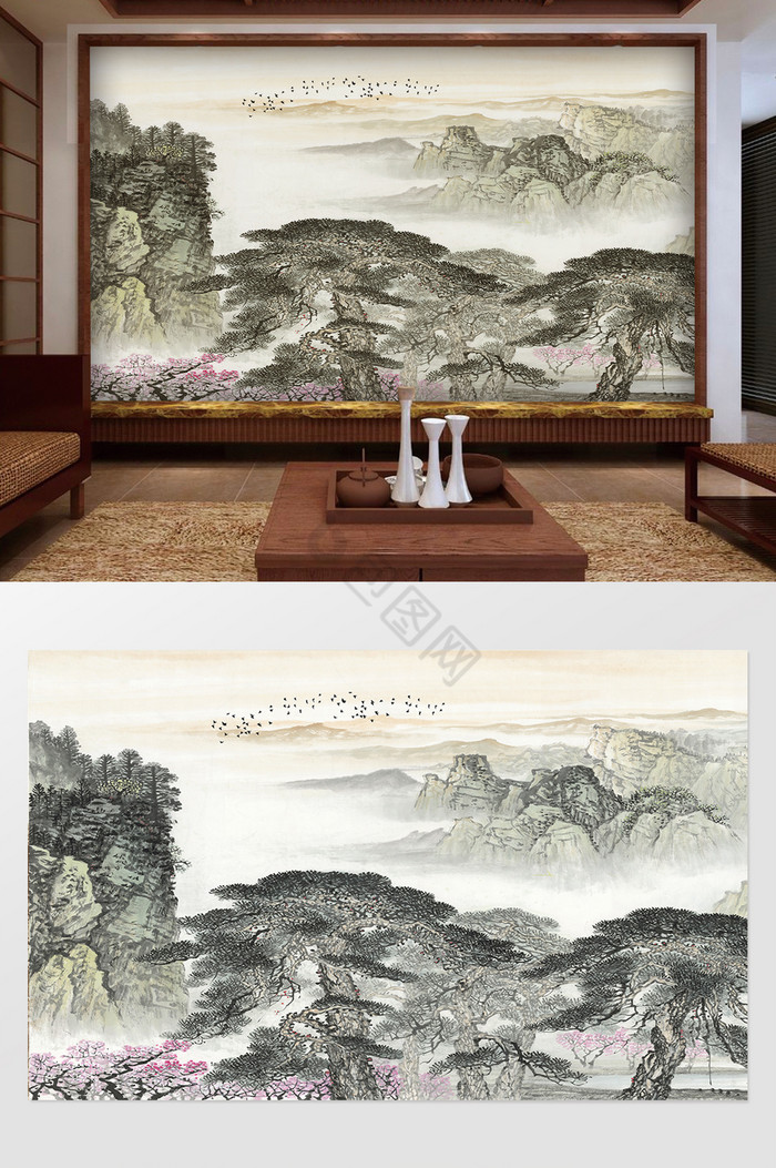 中式手绘山水国画风景抽象背景墙图片