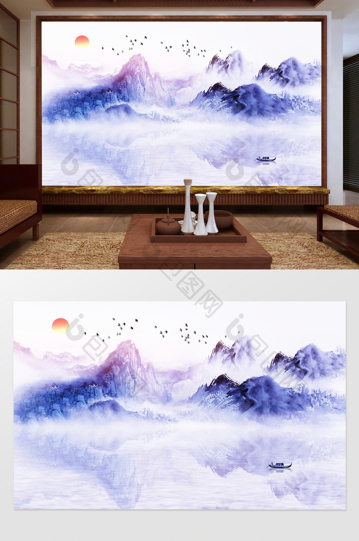 新中式唯美风景意境山水画水墨电视背景墙