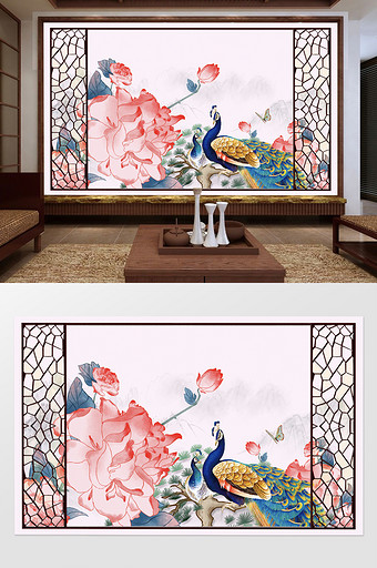 新中式牡丹孔雀鸟语花香背景墙图片