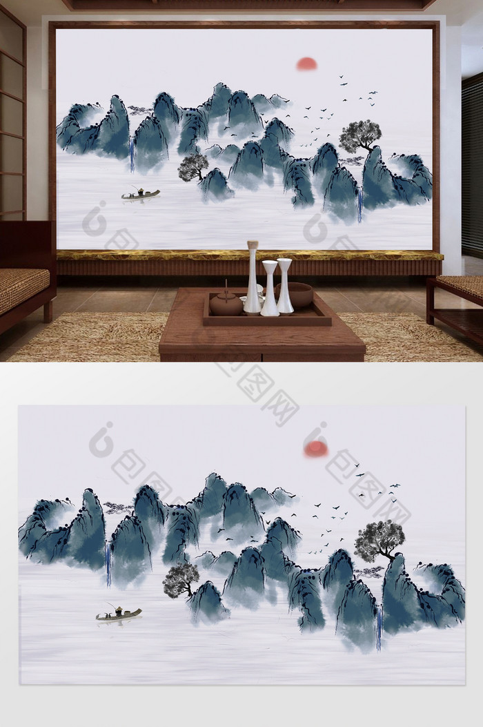 中式背景墙手绘壁纸山水背景墙图片