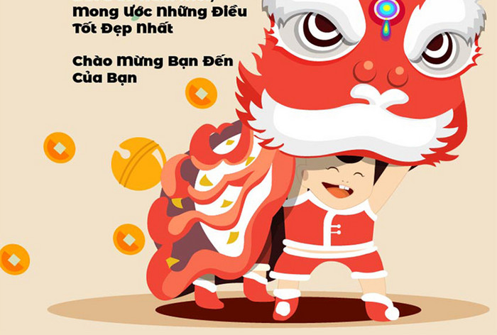 新年快乐越南中国狮子灯笼手绘海报