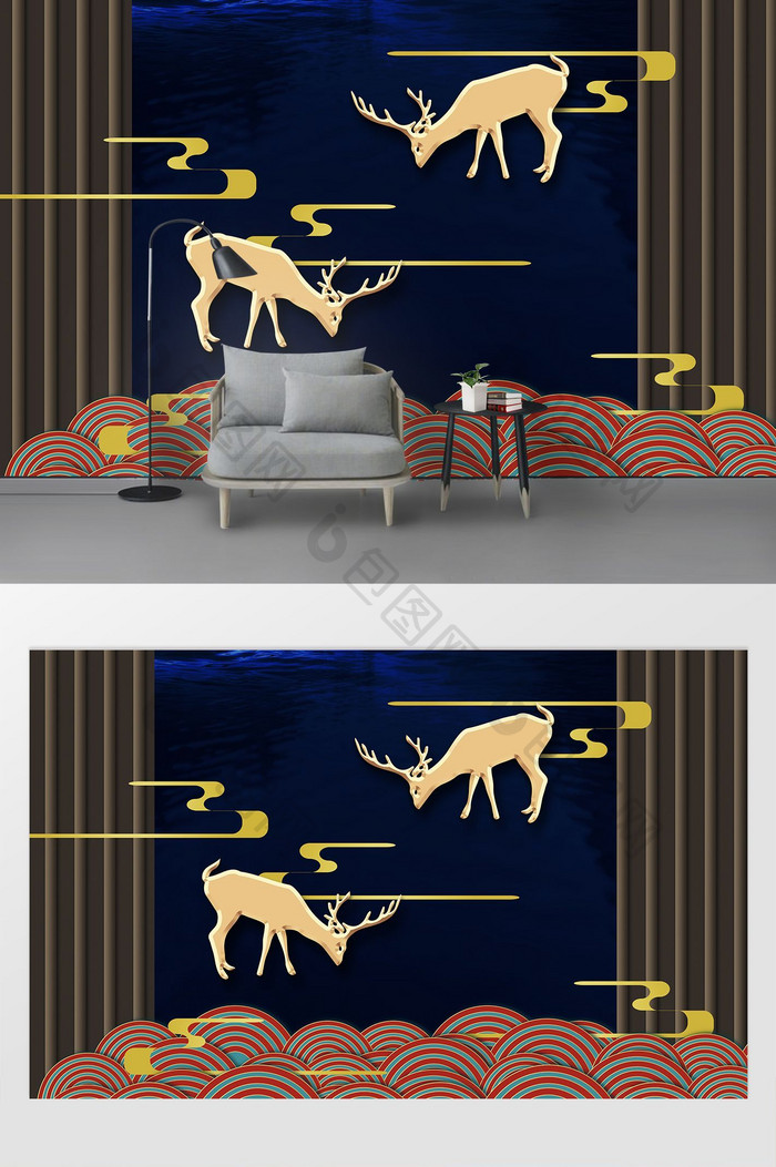 中式唯美创意抽象山水画小鹿电视背景墙