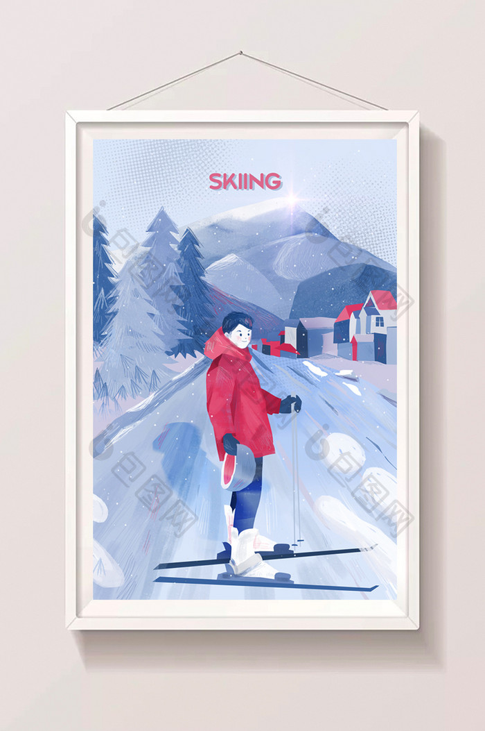 蓝色冬天滑雪户外运动插画