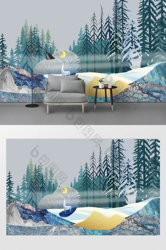 现代北欧森林麋鹿松林抽象树林电视背景墙