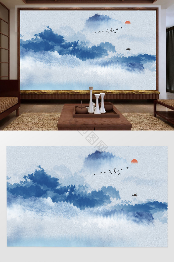 新中式意境水墨山水沙发客厅背景墙定制图片