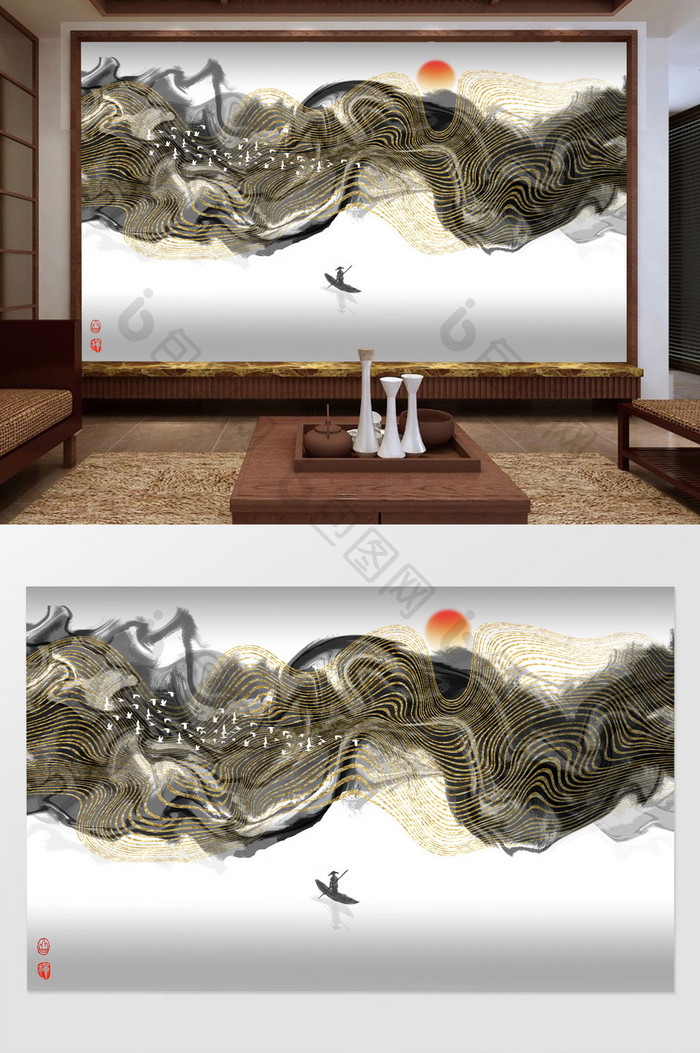 中式禅意抽象山水背景壁画