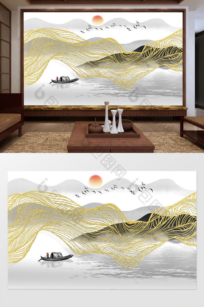 中国风金色线条山水画背景墙