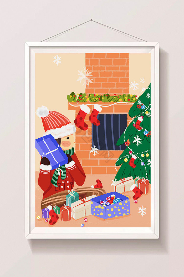 温馨下雪圣诞夜圣诞节拆礼物插画图片
