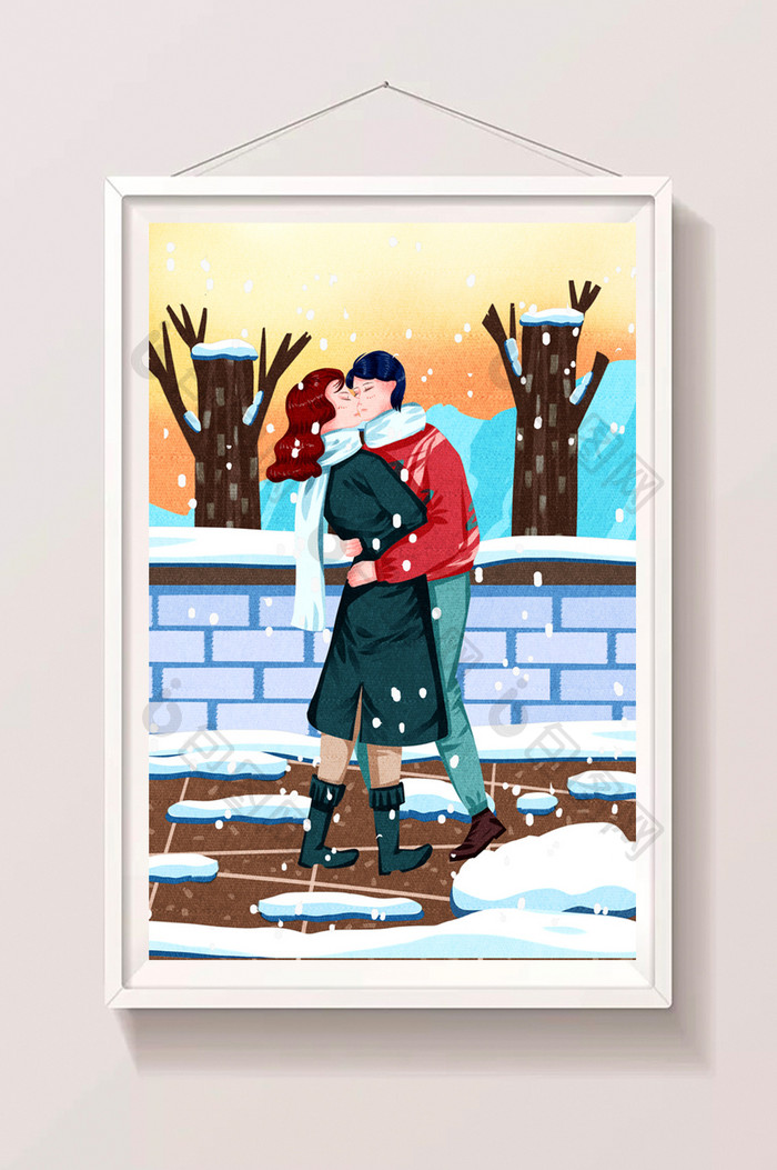 冬季男女朋友户外拥抱接吻生活场景插画