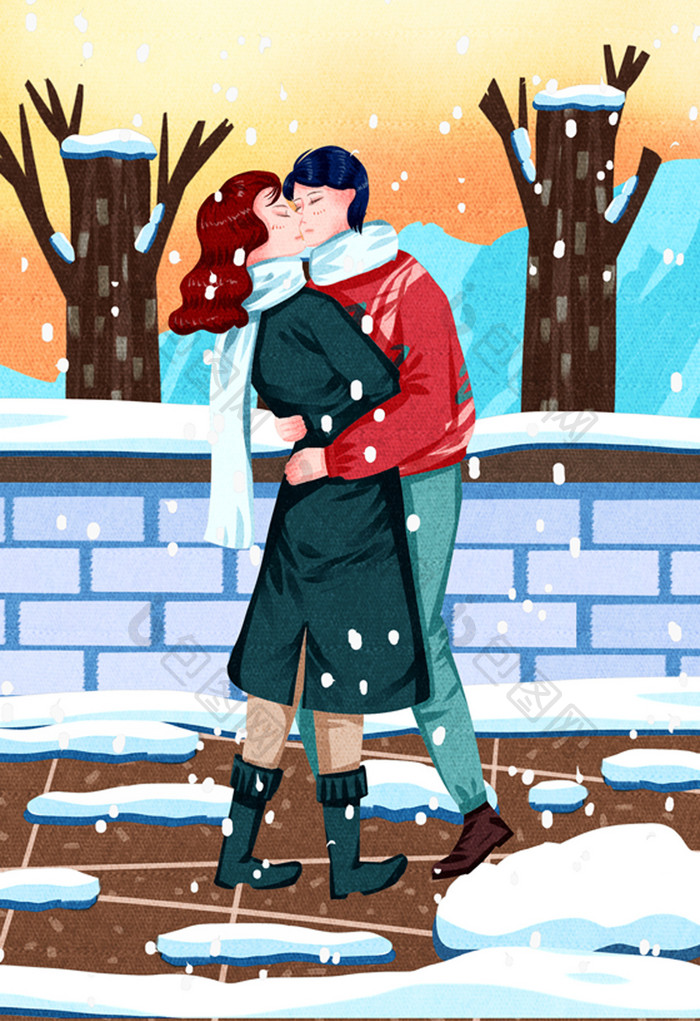 冬季男女朋友户外拥抱接吻生活场景插画