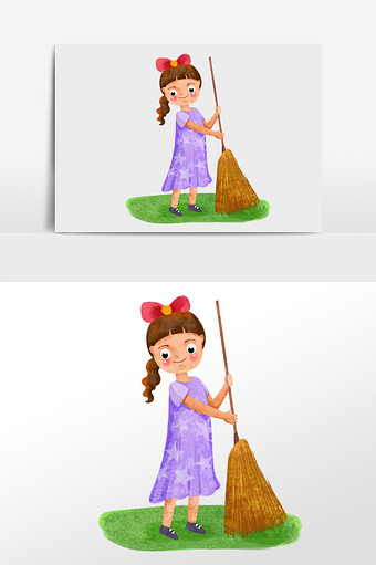 水彩手绘可爱女孩扫地打扫卫生插画人物素材图片
