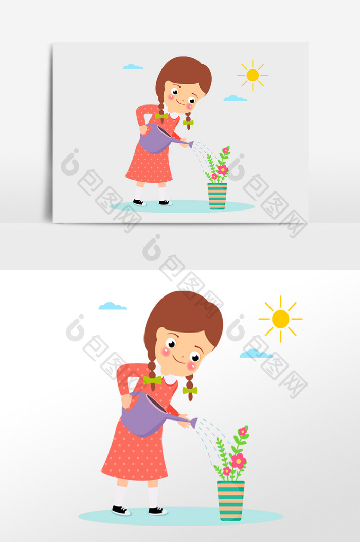 可爱卡通女孩浇花插画人物素材