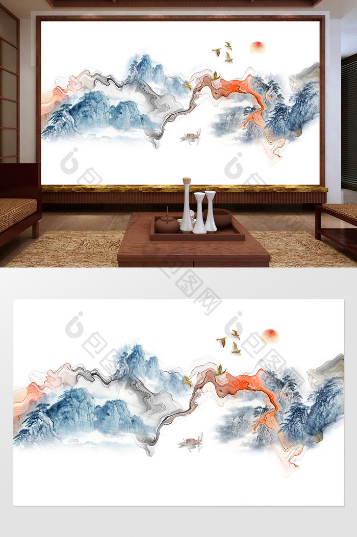 中式彩色山水背景装饰画