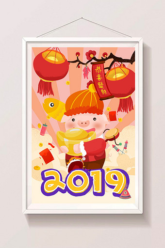 红色喜庆2019春节猪插画图片