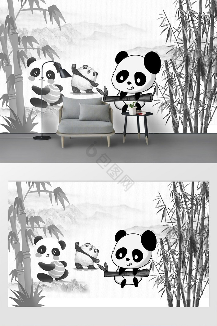 新中式创意山峦竹子熊猫装饰电视背景墙图片