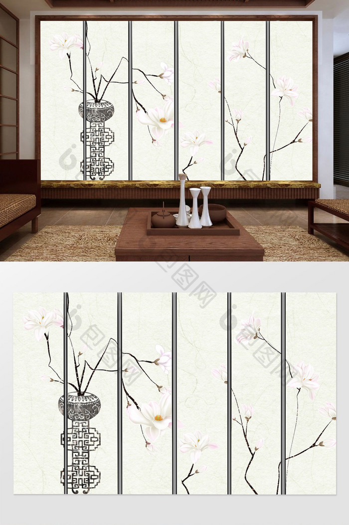 中式手绘花卉淡雅电视背景墙