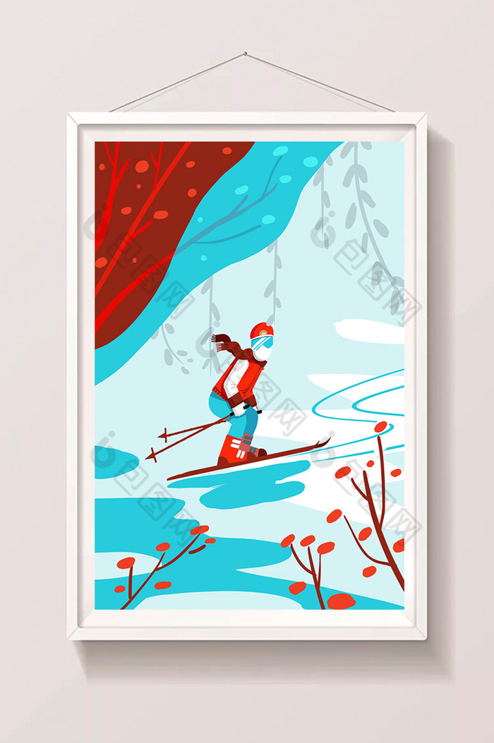 红蓝色调冬季滑雪场景插画