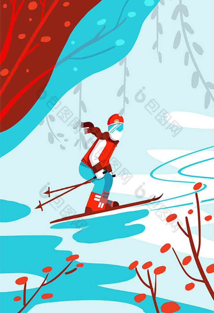 红蓝色调冬季滑雪场景插画