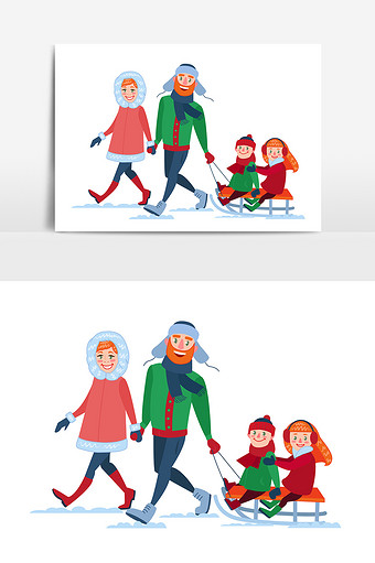 家人滑雪橇插画元素图片