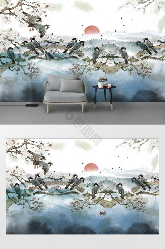 新中式小清新树枝彩色水墨风景背景墙图片