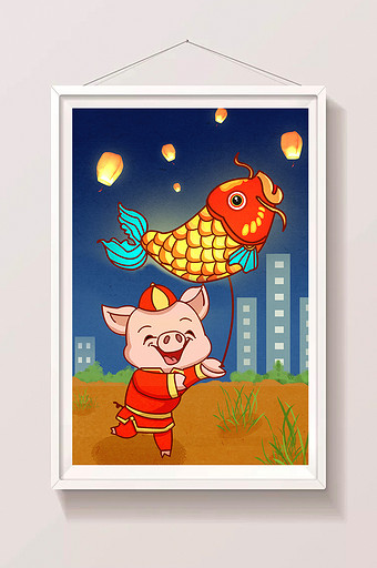 猪年锦鲤灯夜晚户外高楼大厦新春手绘插画图片