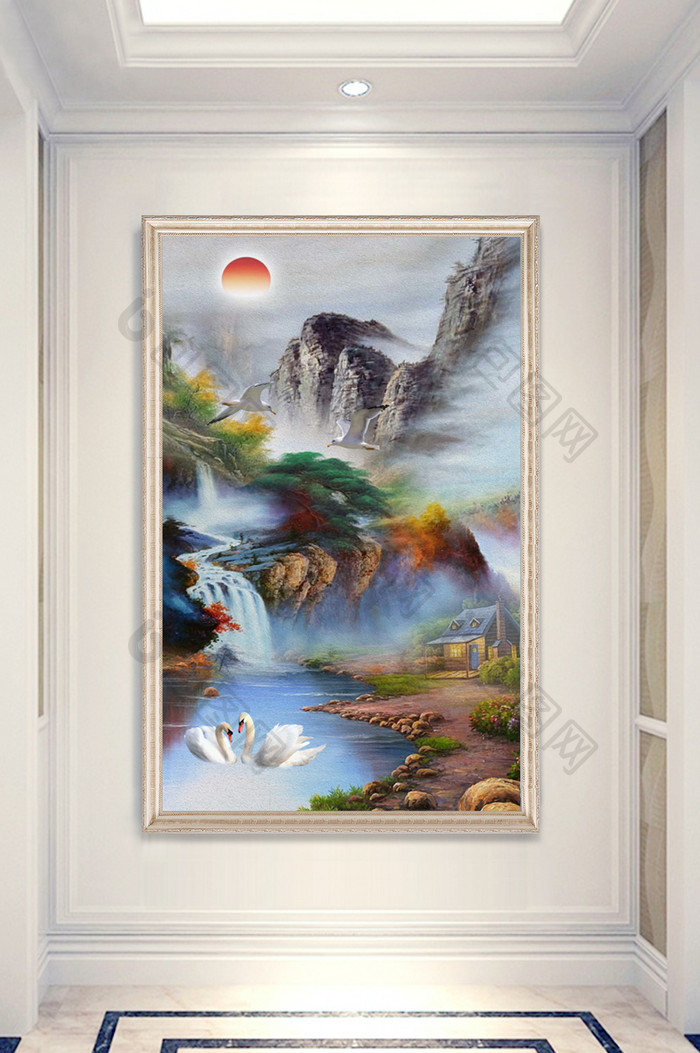 中式唯美手绘山水瀑布天鹅玄关装饰画