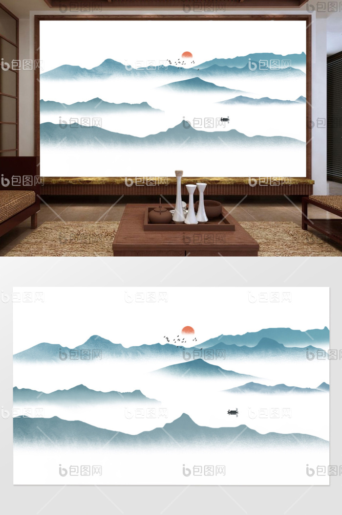 新中式水墨画抽象山水背景墙效果图-【包图网】