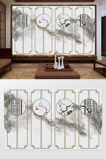 现代新中式梅花工笔花鸟山水背景墙装饰画图片