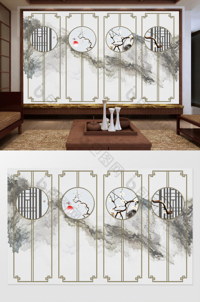 现代新中式梅花工笔花鸟山水背景墙装饰画