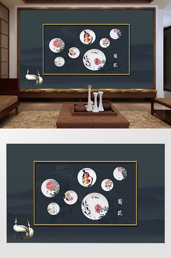 新中式创意水墨菊圆盘电视定制背景墙图片