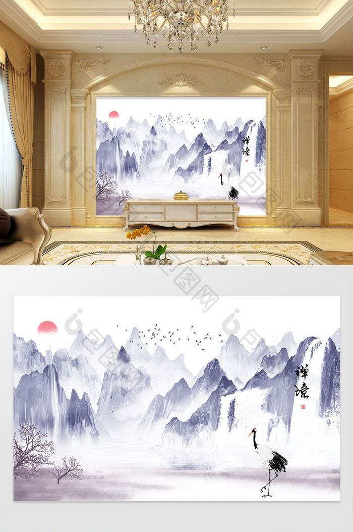 新中式水墨画抽象山水定制背景墙