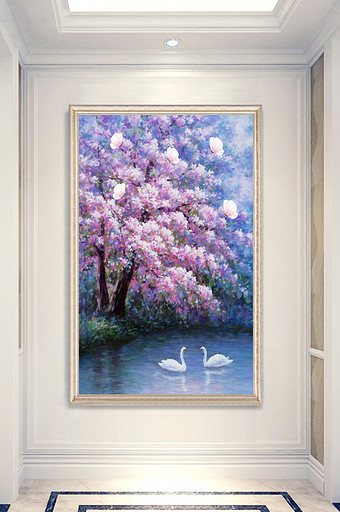 现代粉色艺术树林天鹅湖玄关装饰画图片