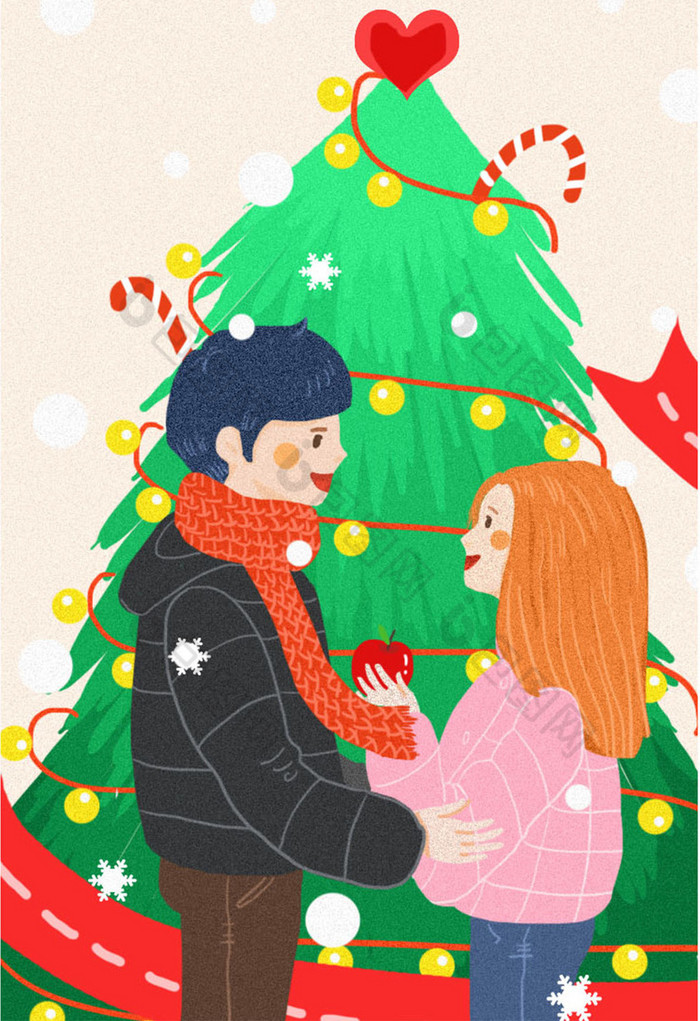 圣诞节平安夜情侣护送苹果插画图片