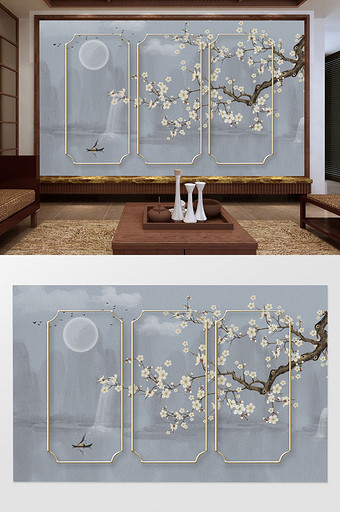 新中式水墨山水瀑布花枝意境金色框背景墙图片