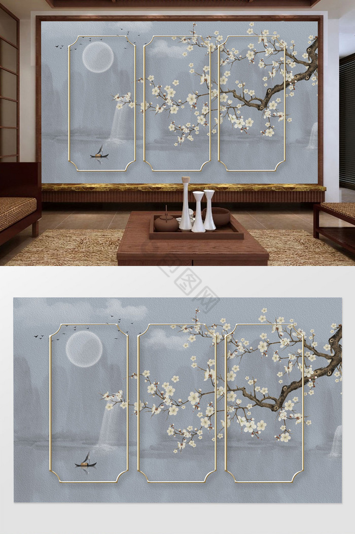 新中式水墨山水瀑布花枝意境金色框背景墙