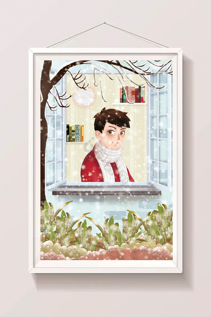 男孩窗边看雪生活方式插画图片