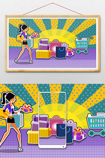 双11购物狂欢节女孩购物PSD插画图片