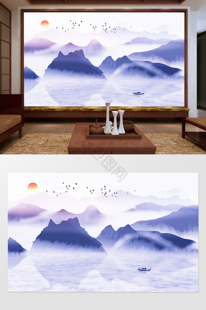 水墨山水风景意境新中式电视背景墙图片
