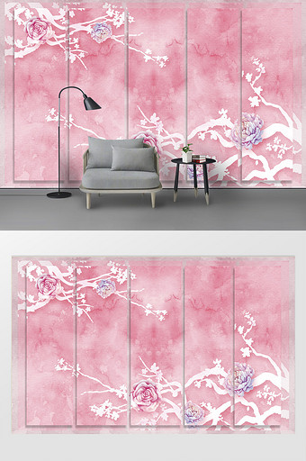 粉色唯美水彩大理石玫瑰花枝背景墙图片