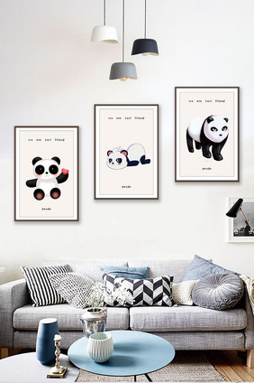 简欧风格手绘熊猫组合装饰画